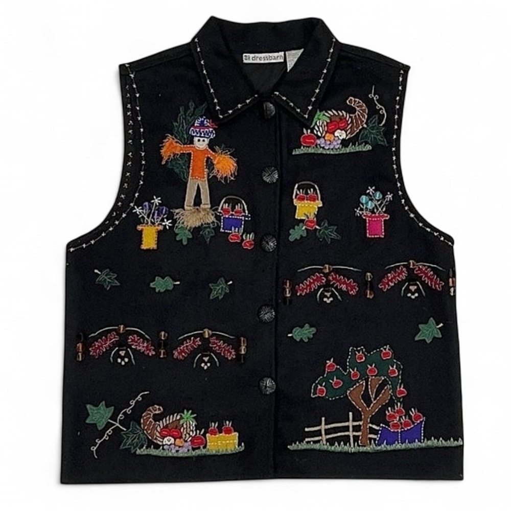 Dress Barn Vintage Black Harvest Whimsical Vest Size Large